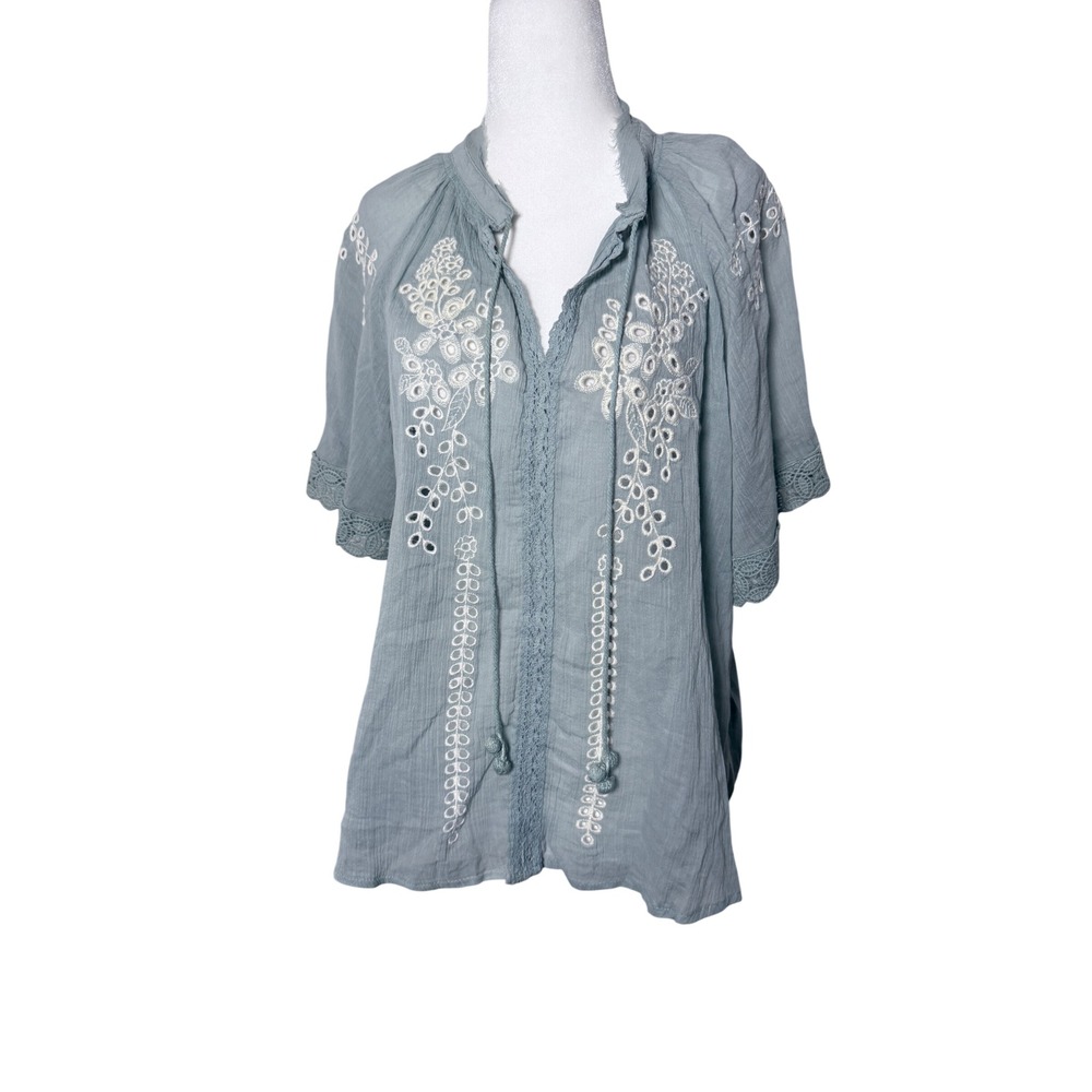 Philosophy Republic Sage Green 100% Cotton Gauze Embroidered Peasant Boho Blouse